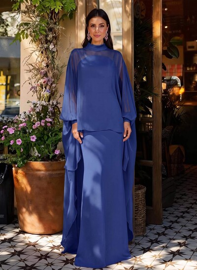 Sheath Column Illusion Neck Long Sleeves Floor-Length Chiffon Evening Dresses With Tiered