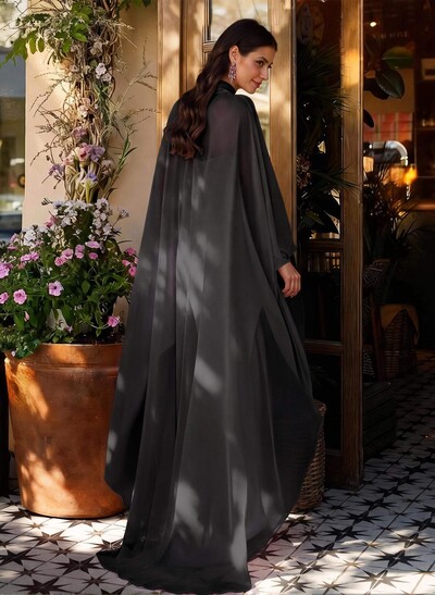 Sheath Column Illusion Neck Long Sleeves Floor-Length Chiffon Evening Dresses With Tiered