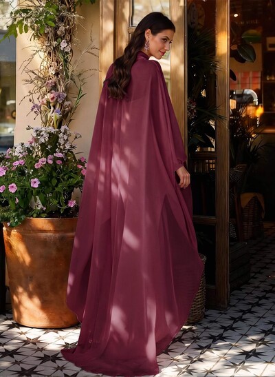 Sheath Column Illusion Neck Long Sleeves Floor-Length Chiffon Evening Dresses With Tiered