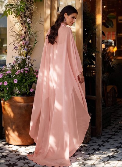 Sheath Column Illusion Neck Long Sleeves Floor-Length Chiffon Evening Dresses With Tiered