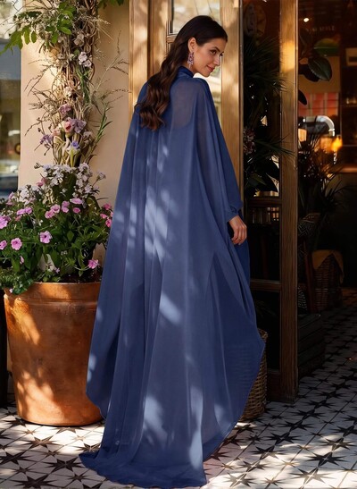 Sheath Column Illusion Neck Long Sleeves Floor-Length Chiffon Evening Dresses With Tiered