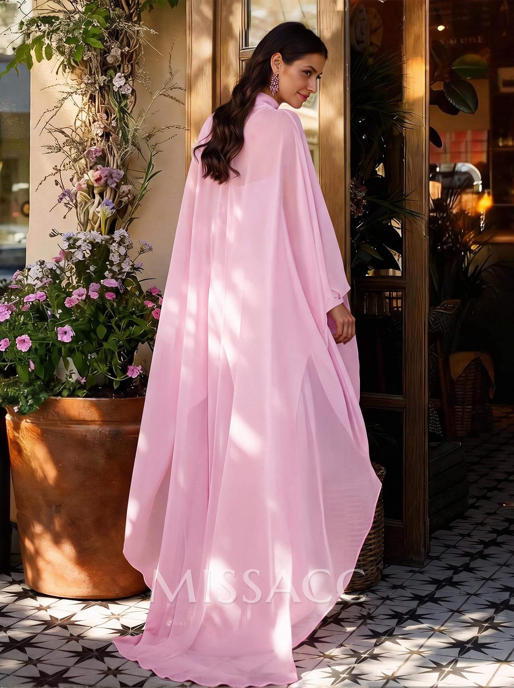 Sheath Column Illusion Neck Long Sleeves Floor-Length Chiffon Evening Dresses With Tiered