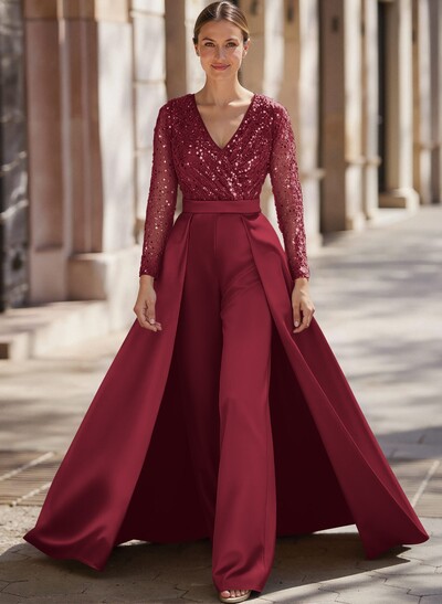 Jumpsuit/Pantsuit V-Neck Long Sleeves Detachable Satin/Sequined Evening Dresses With Sequins