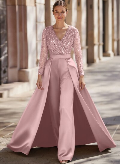 Jumpsuit/Pantsuit V-Neck Long Sleeves Detachable Satin/Sequined Evening Dresses With Sequins