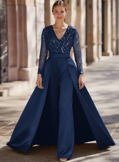 Jumpsuit/Pantsuit V-Neck Long Sleeves Detachable Satin/Sequined Evening Dresses With Sequins