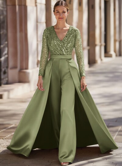 Jumpsuit/Pantsuit V-Neck Long Sleeves Detachable Satin/Sequined Evening Dresses With Sequins