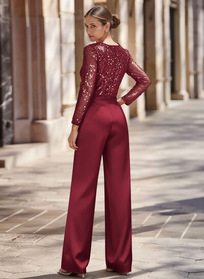 Jumpsuit/Pantsuit V-Neck Long Sleeves Detachable Satin/Sequined Evening Dresses With Sequins