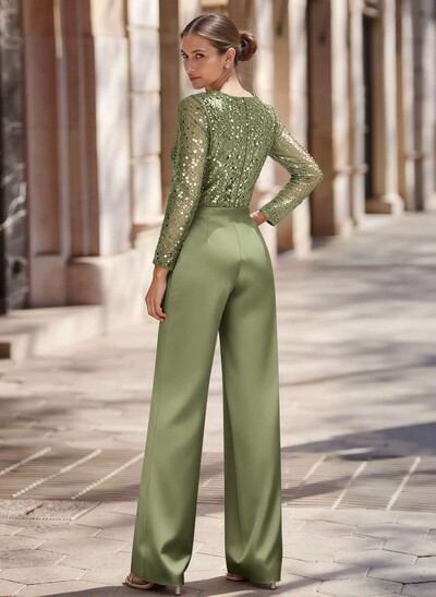 Jumpsuit/Pantsuit V-Neck Long Sleeves Detachable Satin/Sequined Evening Dresses With Sequins