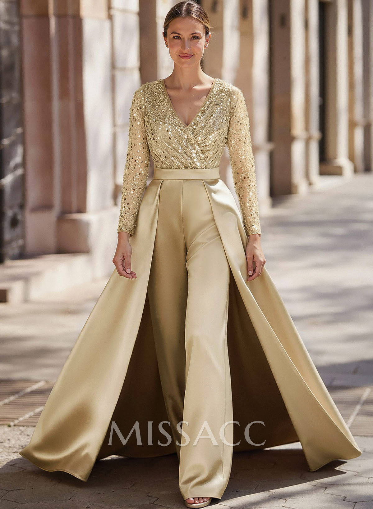 Jumpsuit/Pantsuit V-Neck Long Sleeves Detachable Satin/Sequined Evening Dresses With Sequins