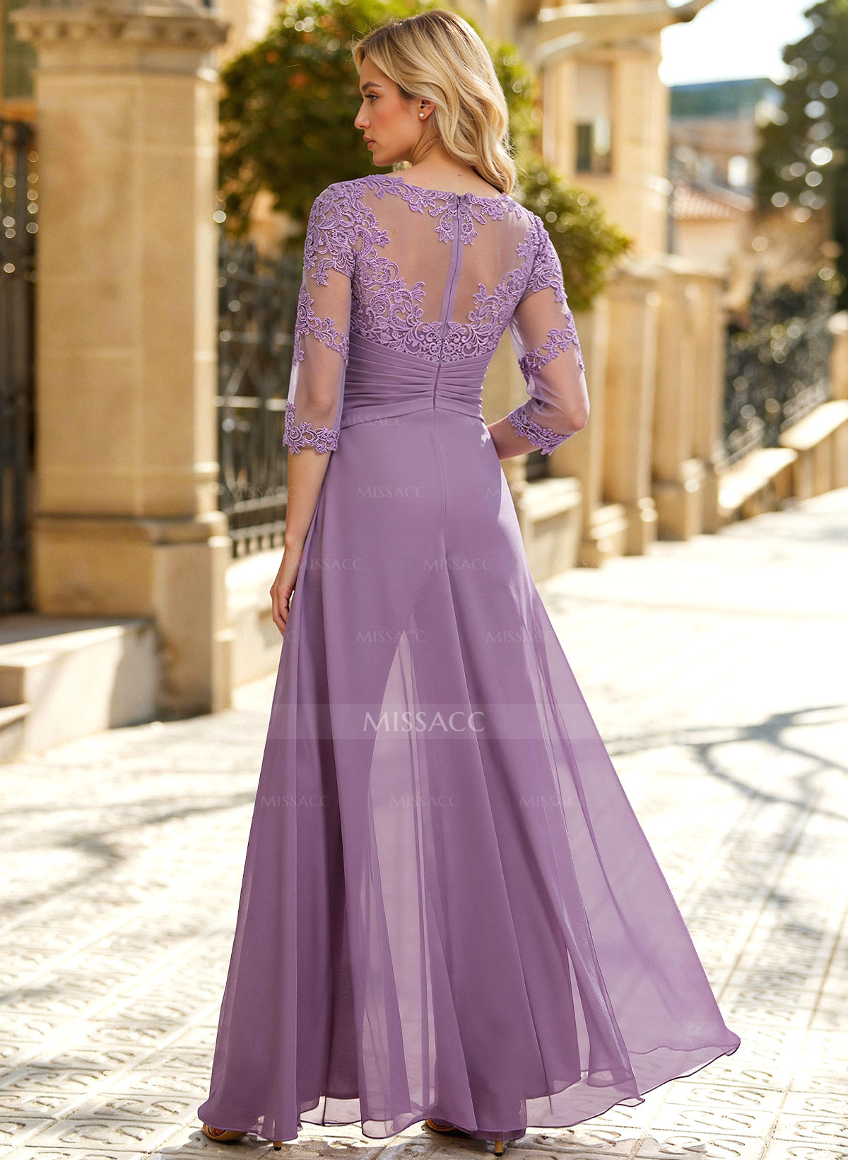 Jumpsuit/Pantsuit Scoop Neck 3/4 Sleeves Detachable Chiffon Evening Dresses With Lace
