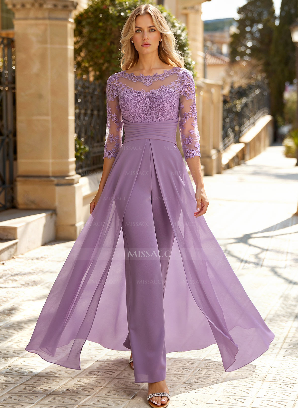 Jumpsuit/Pantsuit Scoop Neck 3/4 Sleeves Detachable Chiffon Evening Dresses With Lace