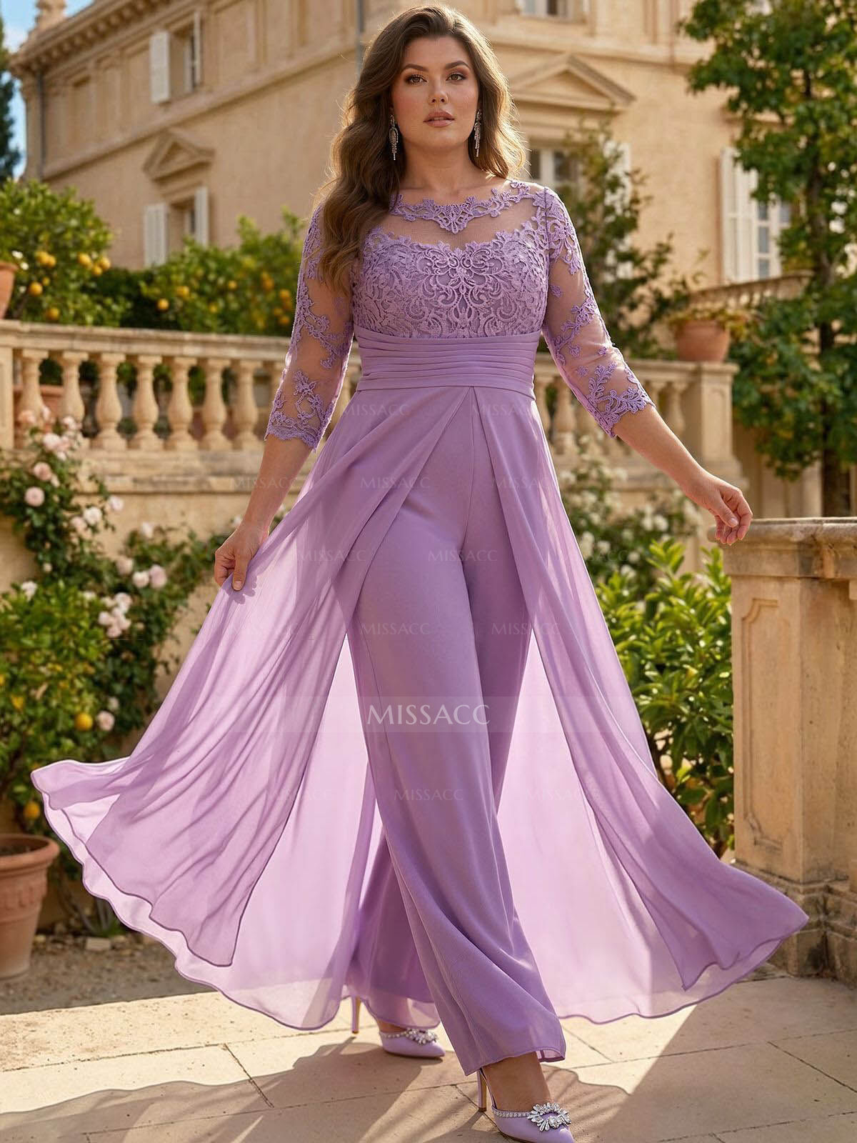 Jumpsuit/Pantsuit Scoop Neck 3/4 Sleeves Detachable Chiffon Evening Dresses With Lace