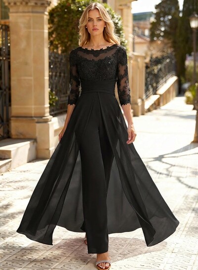 Jumpsuit/Pantsuit Scoop Neck 3/4 Sleeves Detachable Chiffon Evening Dresses With Lace
