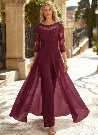 Jumpsuit/Pantsuit Scoop Neck 3/4 Sleeves Chiffon Evening Dresses With Lace
