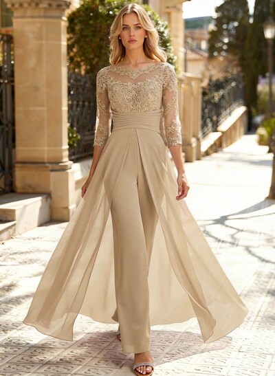 Jumpsuit/Pantsuit Scoop Neck 3/4 Sleeves Chiffon Evening Dresses With Lace