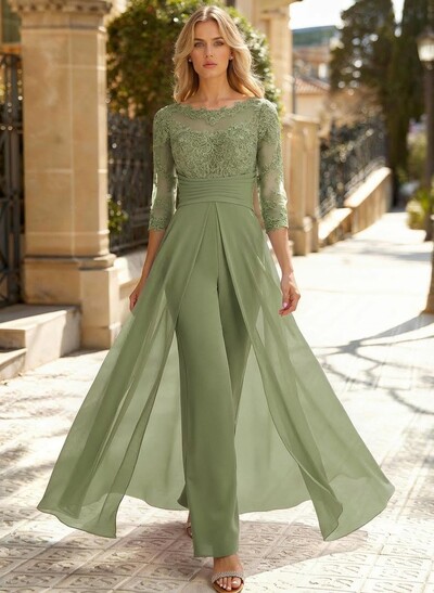 Jumpsuit/Pantsuit Scoop Neck 3/4 Sleeves Chiffon Evening Dresses With Lace
