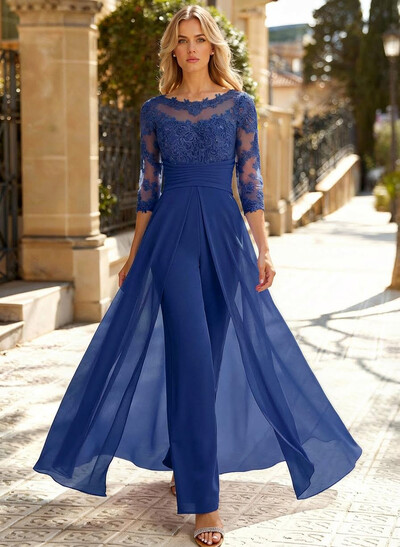 Jumpsuit/Pantsuit Scoop Neck 3/4 Sleeves Chiffon Evening Dresses With Lace