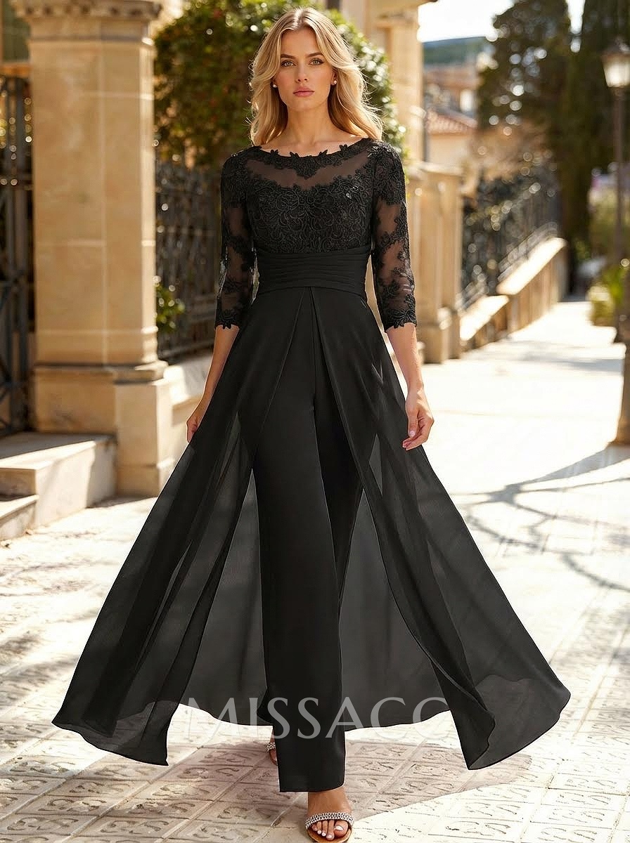Jumpsuit/Pantsuit Scoop Neck 3/4 Sleeves Detachable Chiffon Evening Dresses With Lace