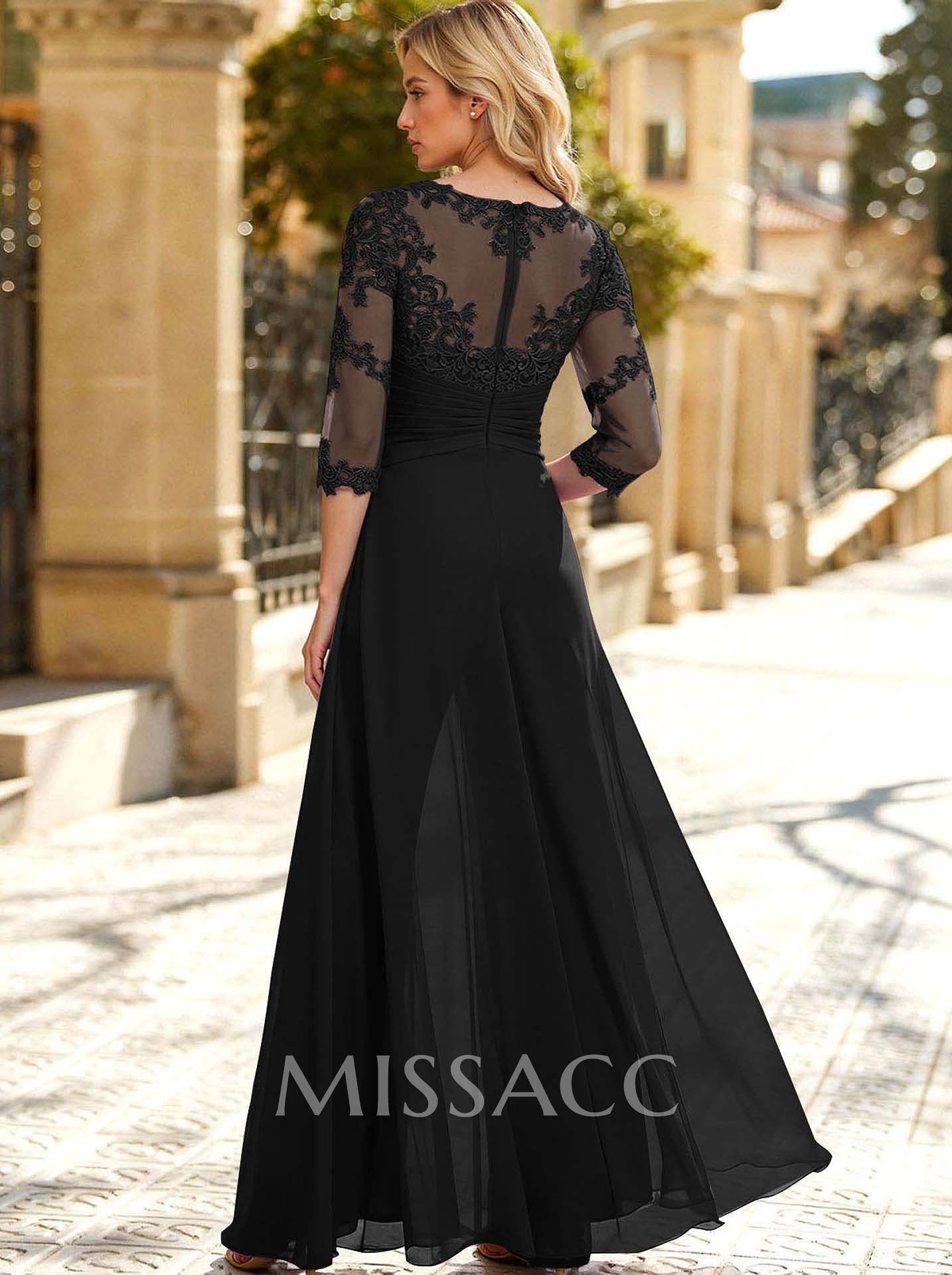 Jumpsuit/Pantsuit Scoop Neck 3/4 Sleeves Detachable Chiffon Evening Dresses With Lace