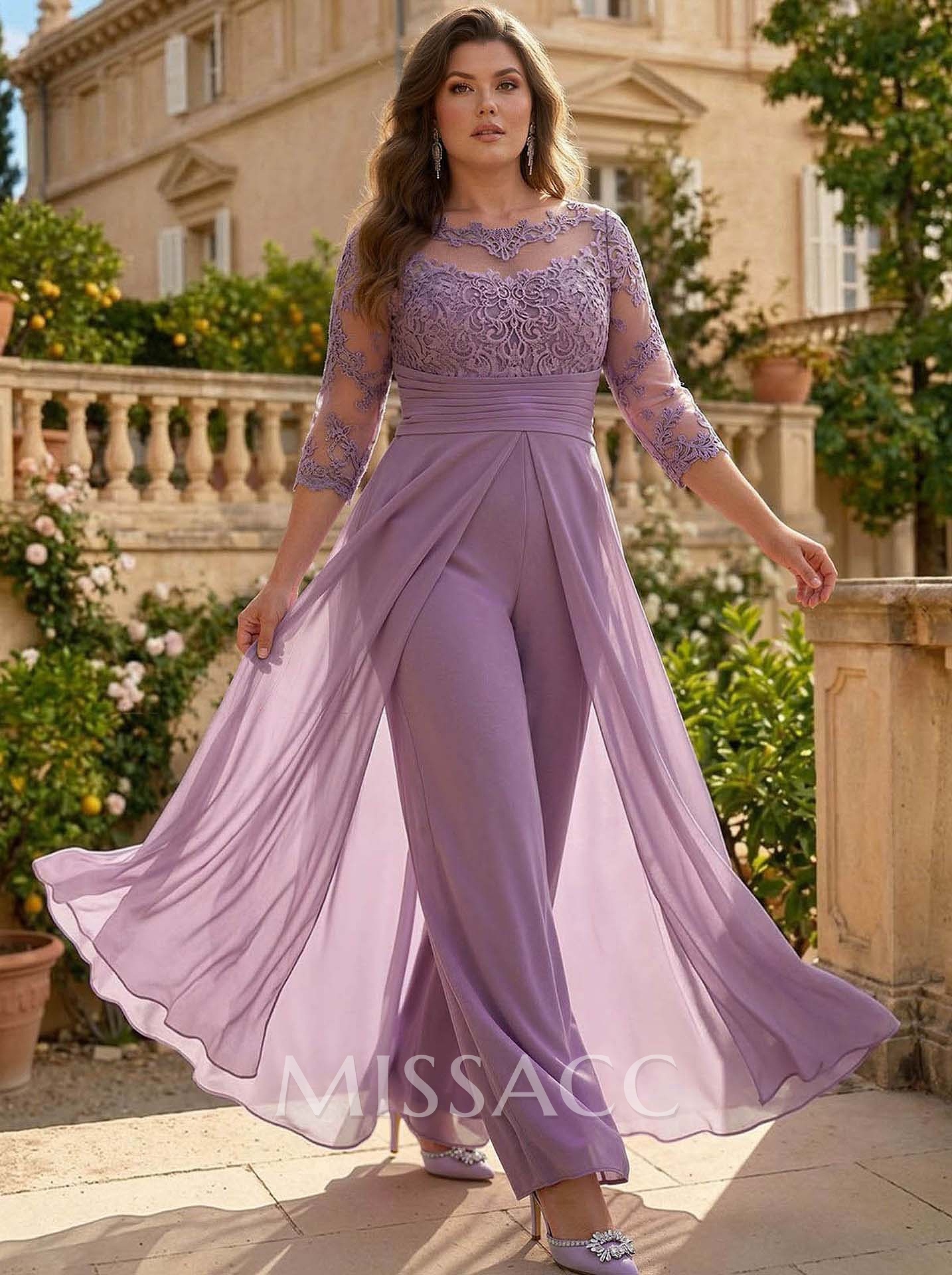 Jumpsuit/Pantsuit Scoop Neck 3/4 Sleeves Detachable Chiffon Evening Dresses With Lace Jumpsuit/Pantsuit Scoop Neck 3/4 Sleeves Detachable Chiffon Evening Dresses With Lace