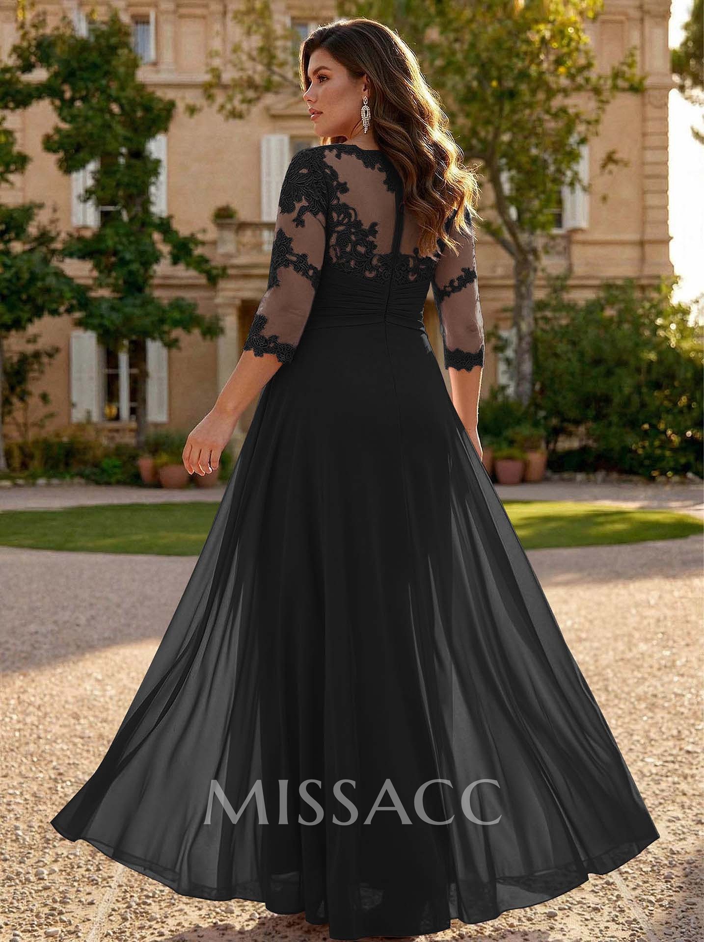 Jumpsuit/Pantsuit Scoop Neck 3/4 Sleeves Detachable Chiffon Evening Dresses With Lace