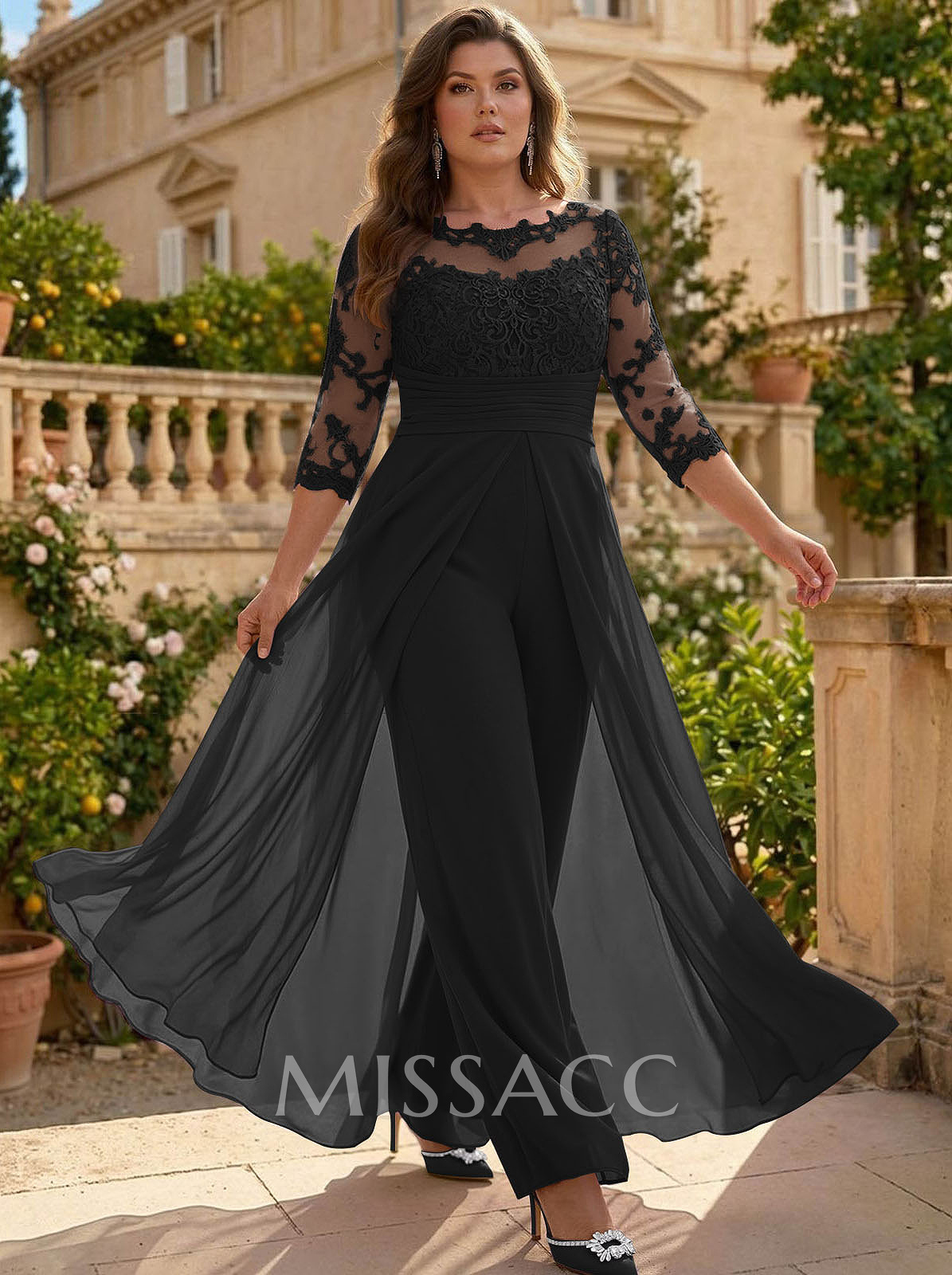 Jumpsuit/Pantsuit Scoop Neck 3/4 Sleeves Detachable Chiffon Evening Dresses With Lace