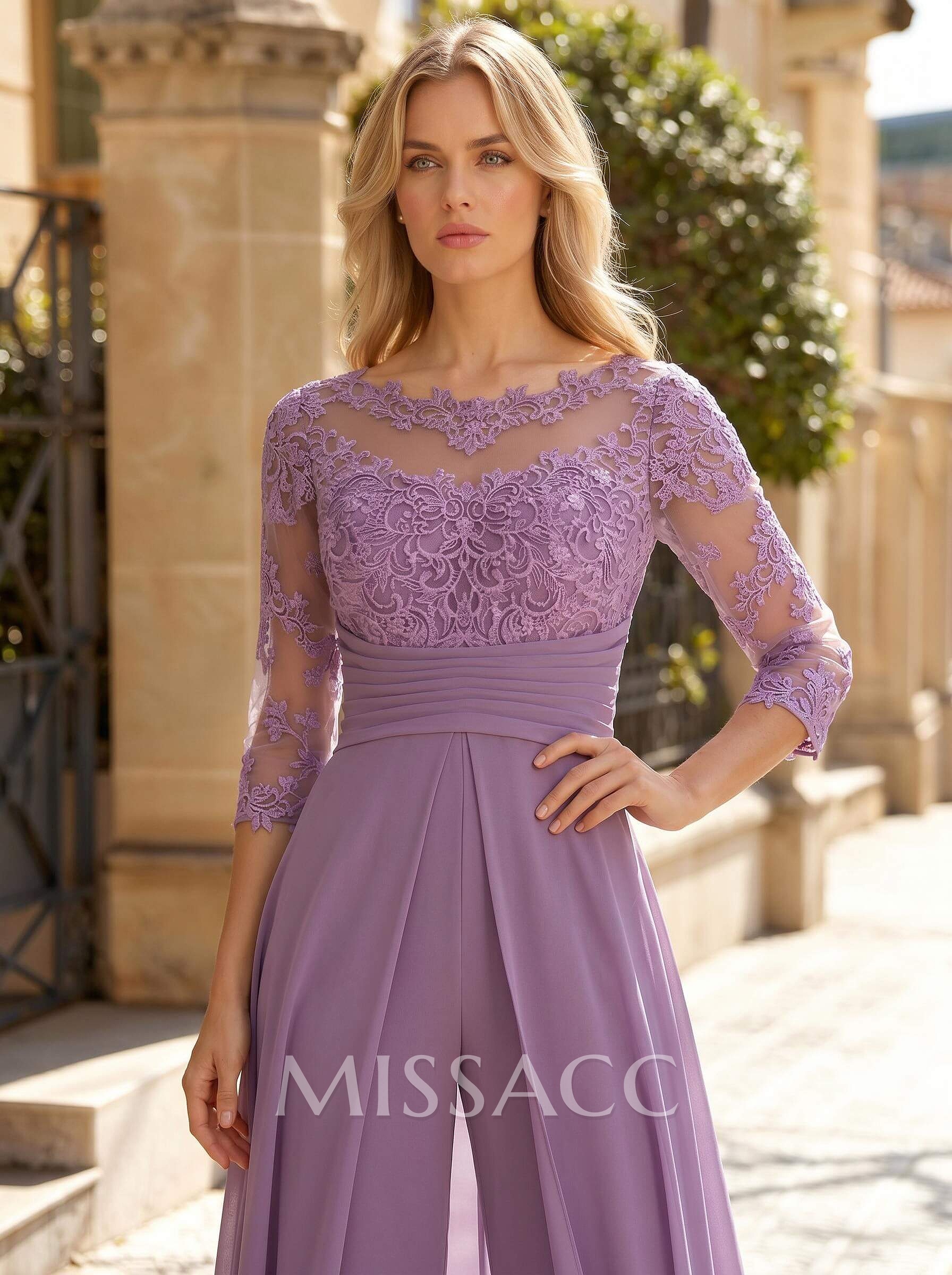 Jumpsuit/Pantsuit Scoop Neck 3/4 Sleeves Detachable Chiffon Evening Dresses With Lace