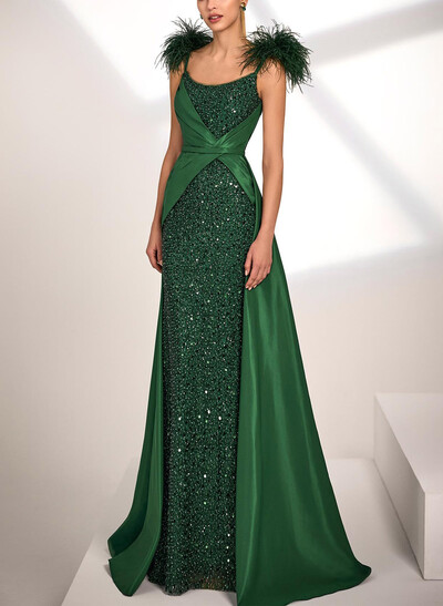 A-Line Scoop Neck Sleeveless Sweep Train Satin Sequined Evening Dresses With Sequins