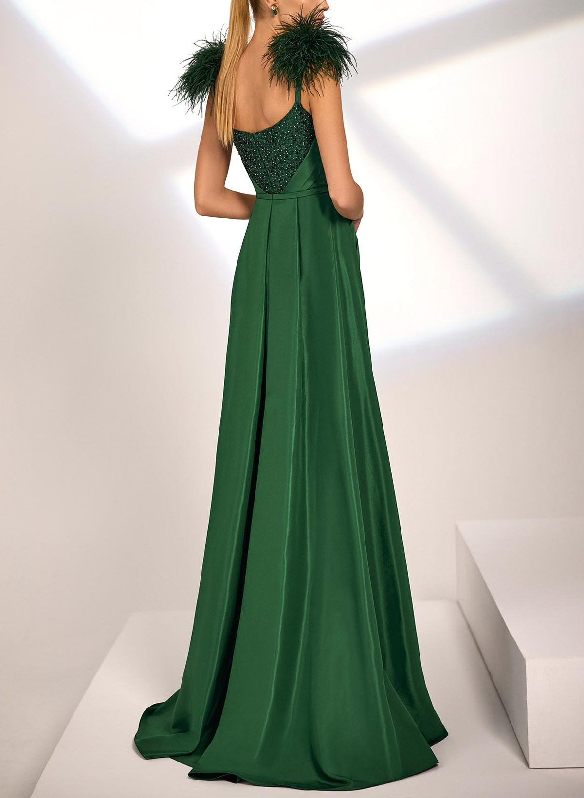 A-Line Scoop Neck Sleeveless Sweep Train Satin Sequined Evening Dresses With Sequins