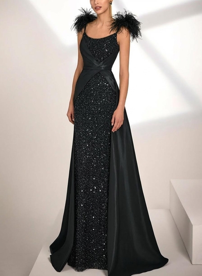 A-Line Scoop Neck Sleeveless Sweep Train Satin Sequined Evening Dresses With Sequins