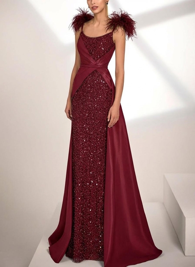 A-Line Scoop Neck Sleeveless Sweep Train Satin Sequined Evening Dresses With Sequins