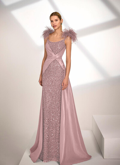 A-Line Scoop Neck Sleeveless Sweep Train Satin Sequined Evening Dresses With Sequins