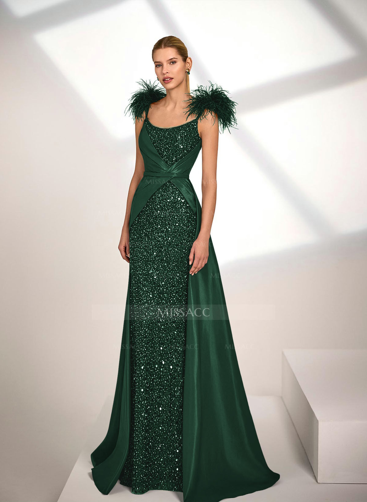 A-Line Scoop Neck Sleeveless Sweep Train Satin Sequined Evening Dresses With Sequins