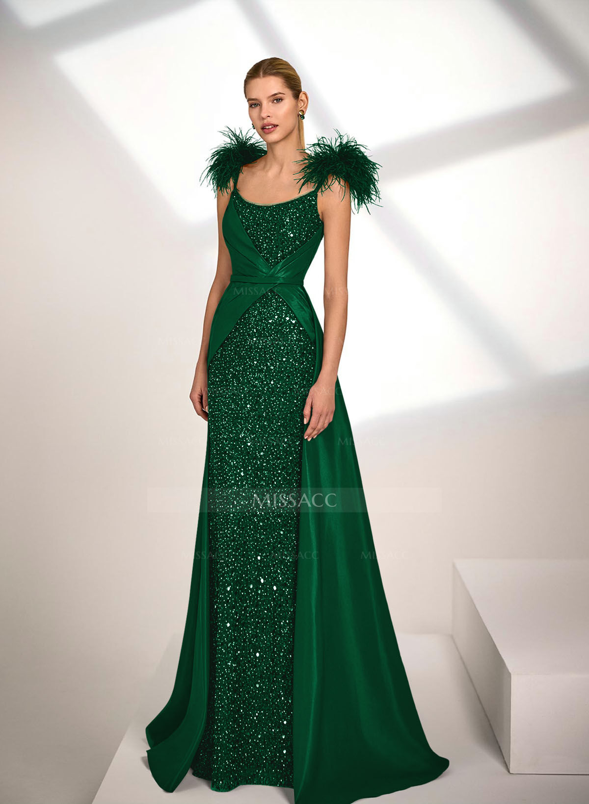 A-Line Scoop Neck Sleeveless Sweep Train Satin Sequined Evening Dresses With Sequins