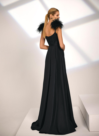 A-Line Scoop Neck Sleeveless Sweep Train Satin Sequined Evening Dresses With Sequins