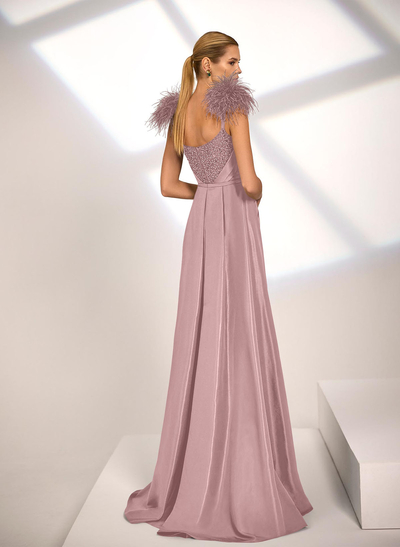 A-Line Scoop Neck Sleeveless Sweep Train Satin Sequined Evening Dresses With Sequins