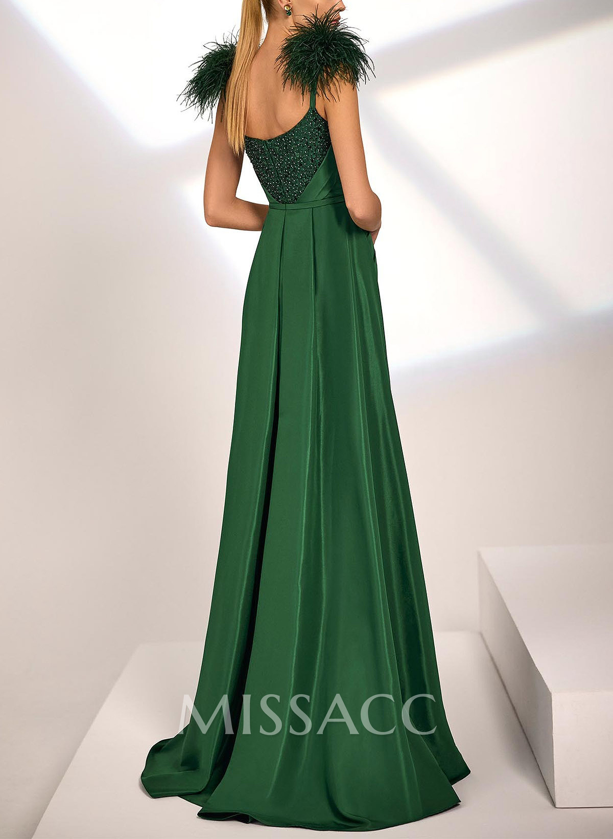 A-Line Scoop Neck Sleeveless Sweep Train Satin Sequined Evening Dresses With Sequins