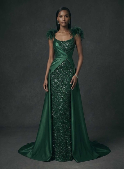 A-Line Scoop Neck Sleeveless Sweep Train Satin Sequined Evening Dresses With Sequins