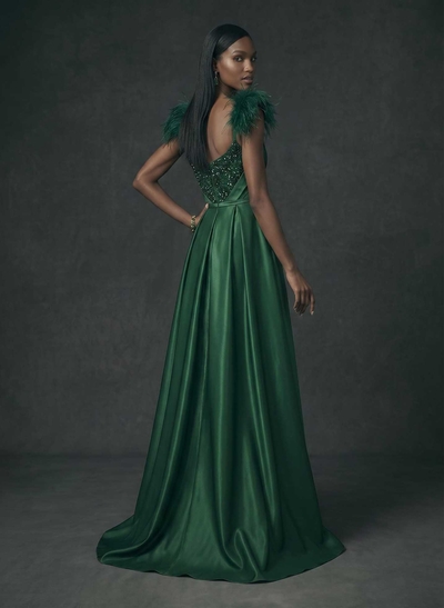 A-Line Scoop Neck Sleeveless Sweep Train Satin Sequined Evening Dresses With Sequins
