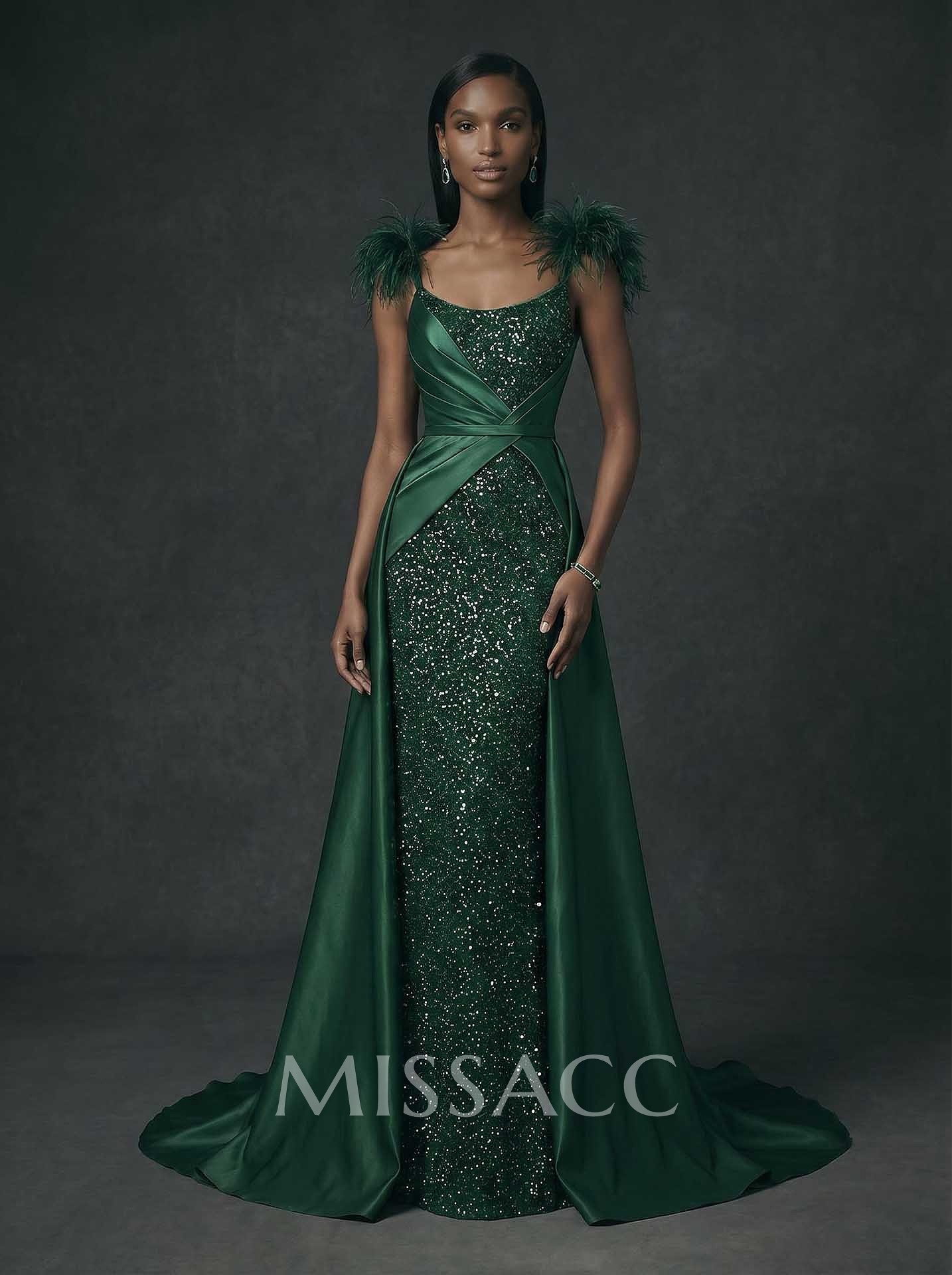 A-Line Scoop Neck Sleeveless Sweep Train Satin Sequined Evening Dresses With Sequins