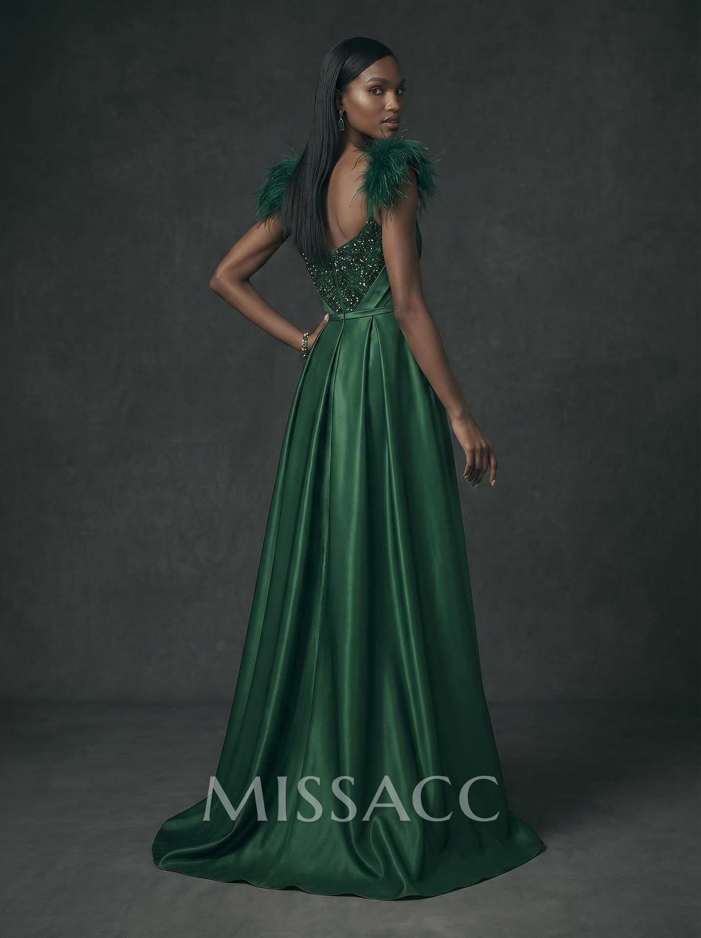 A-Line Scoop Neck Sleeveless Sweep Train Satin Sequined Evening Dresses With Sequins