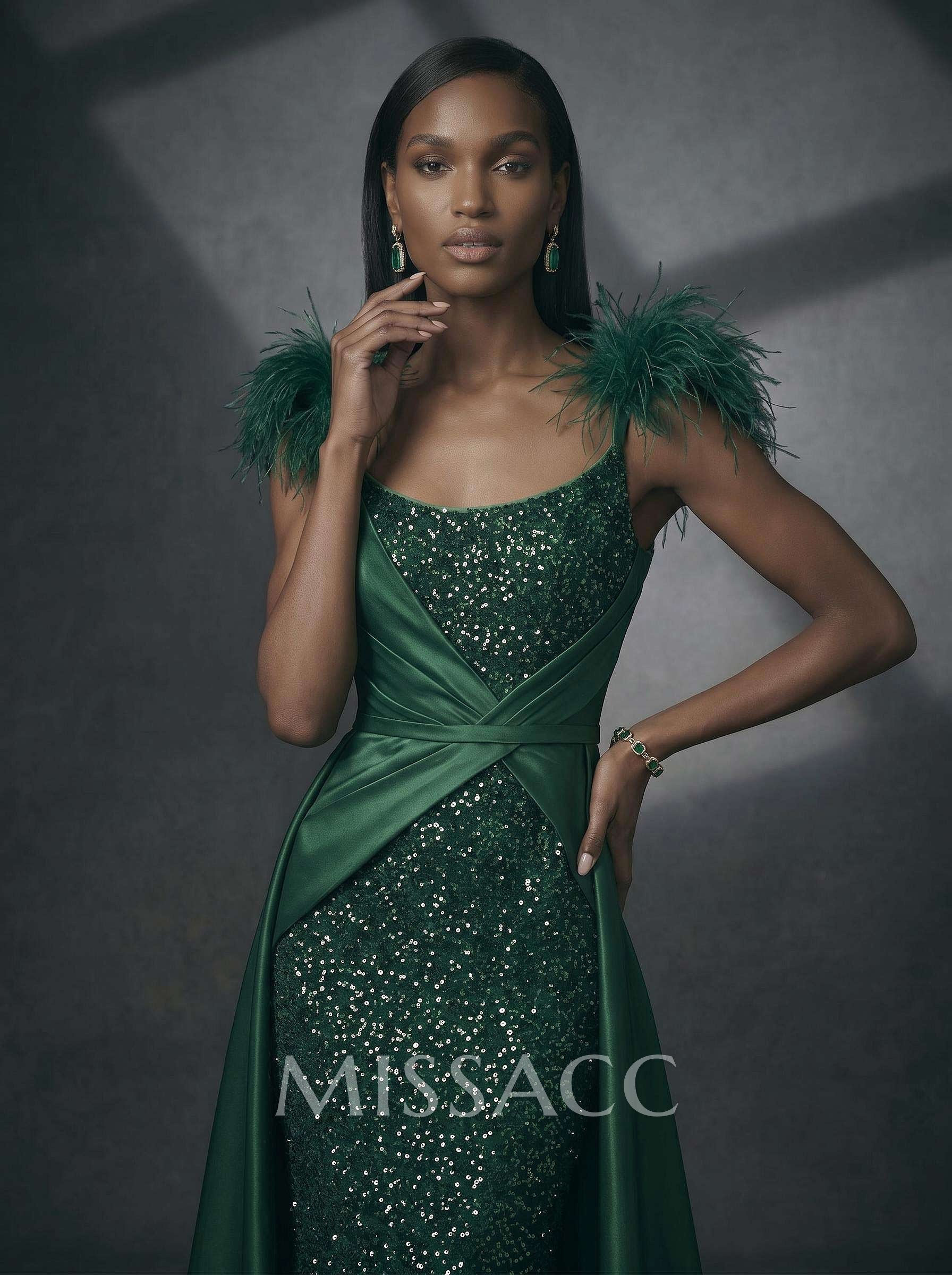 A-Line Scoop Neck Sleeveless Sweep Train Satin Sequined Evening Dresses With Sequins