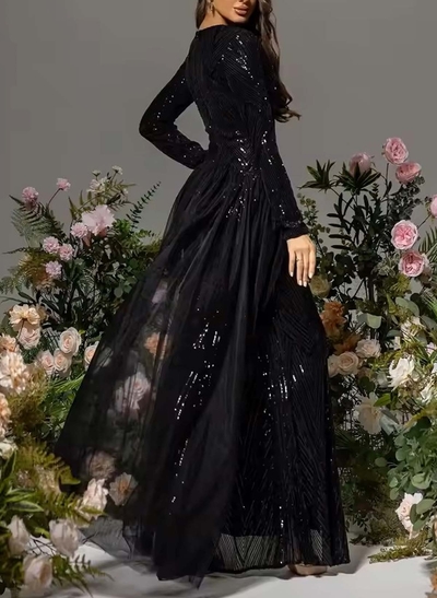 Sheath/Column Plunge Neck Long Sleeves Floor-Length Tulle/Sequined Evening Dresses With Sequins/High Split