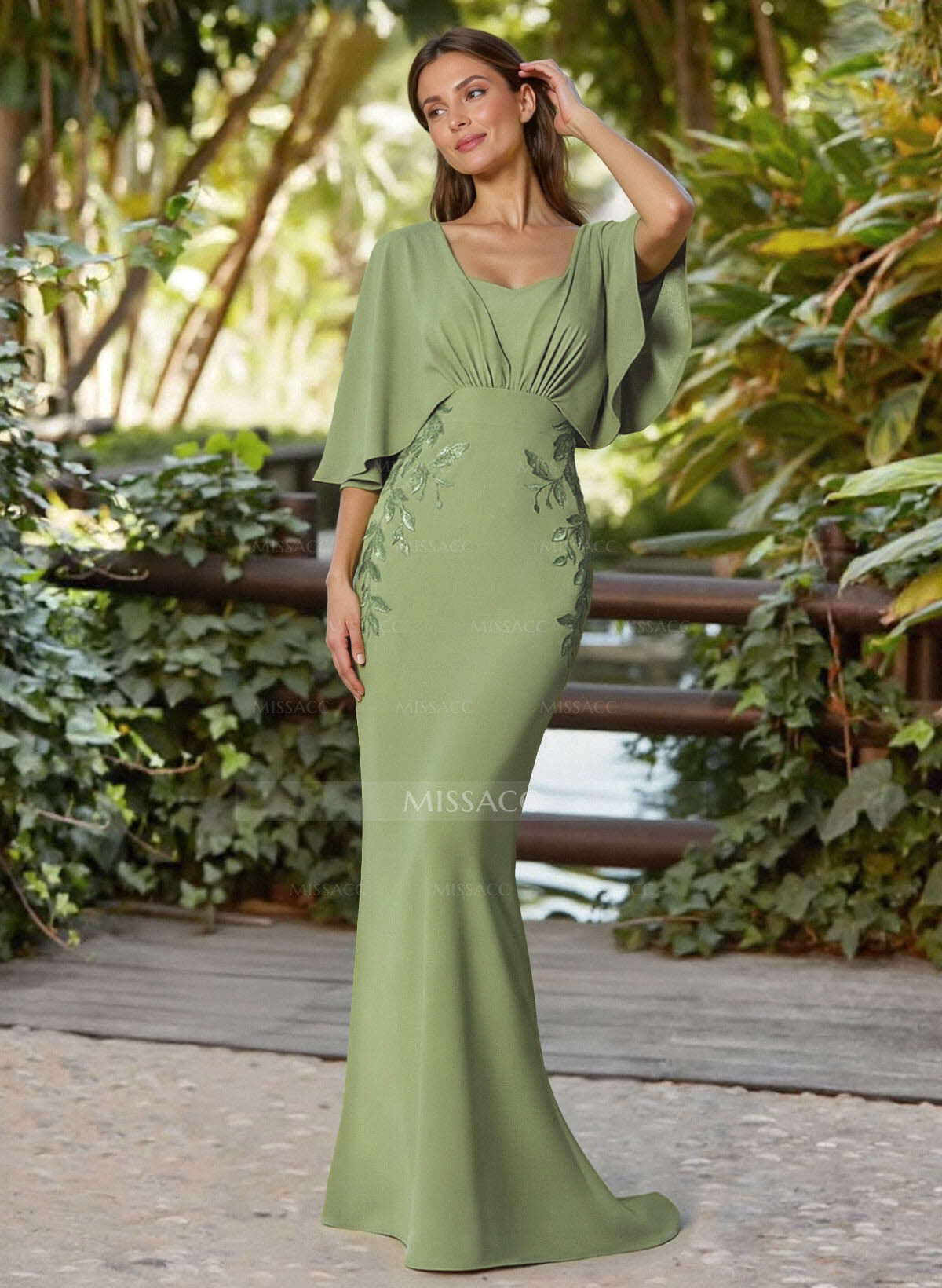 Trumpet/Mermaid Square Neckline Cape Sleeves Sweep Train Elastic Satin Evening Dresses