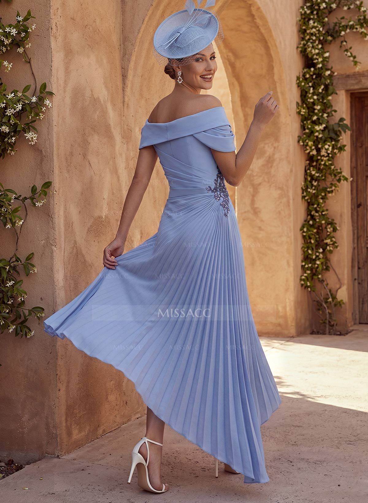 A-Line Off-The-Shoulder Asymmetrical Elastic Satin Evening Dresses With Ruffle/Appliques Lace