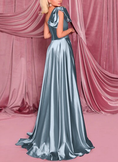 Ball-Gown One-Shoulder Sleeveless Sweep Train Stretch Satin Knit Evening Dresses With Bow(s) High Split Shoulder Ruffle