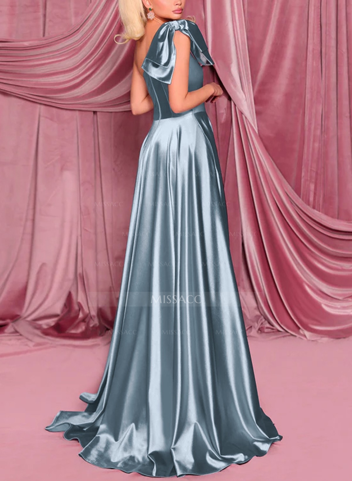 Ball-Gown One-Shoulder Sleeveless Sweep Train Stretch Satin Knit Evening Dresses With Bow(s) High Split Shoulder Ruffle