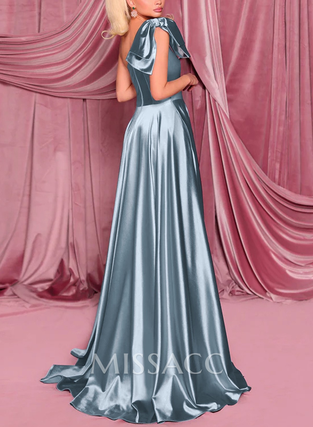 Ball-Gown One-Shoulder Sleeveless Sweep Train Stretch Satin Knit Evening Dresses With Bow(s) High Split Shoulder Ruffle
