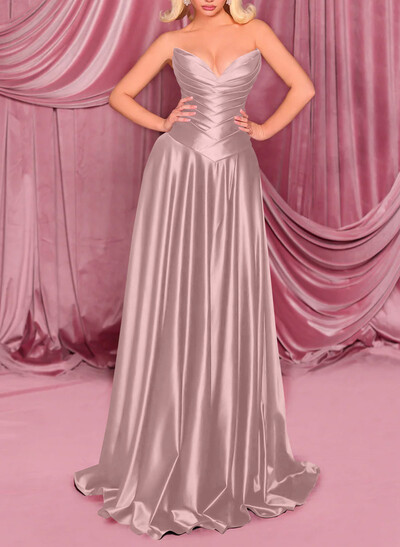 A-Line Sweetheart Sleeveless Sweep Train Satin Evening Dresses With Pleated
