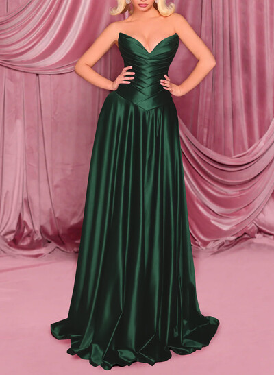 A-Line Sweetheart Sleeveless Sweep Train Satin Evening Dresses With Pleated